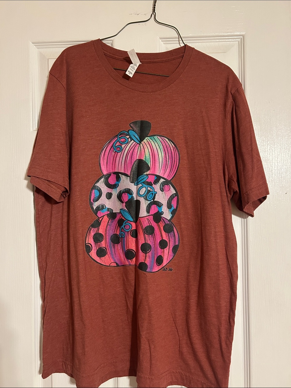 Bella Canvas Rust Short Sleeve Tee with Pink, Teal & Black Pumpkin Stack